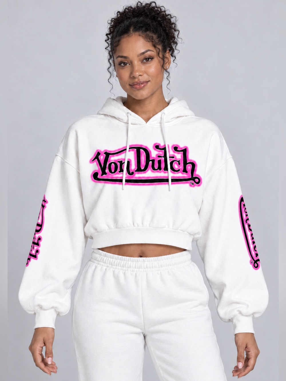 Von Dutch Graffiti Logo Cropped Hoodie White Pink Black Size Small Y2K